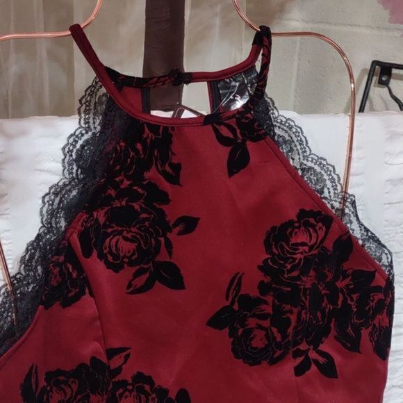 Trixxi Red Floral Bodycon Halter Dress Sz M - Picture 3 of 15